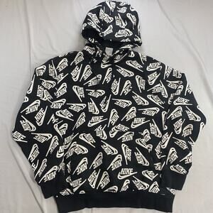 Nike Sportswear All Over Print Pullover Hoodie Sweatshirt Black Mens Medium